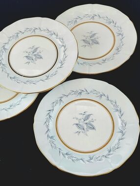 Northumbria Morning Mist Set of 4 Dinner Plates Blue Floral Gold Trim Fine China